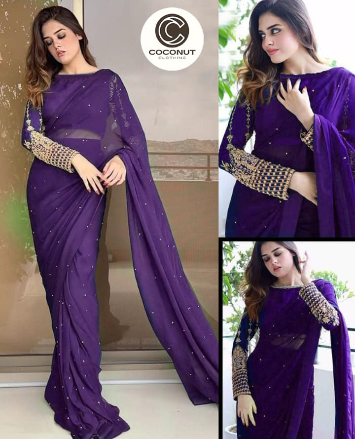 Stiched Pearls Embroidered Saree With Petticoat And Blouse (3 Colour)